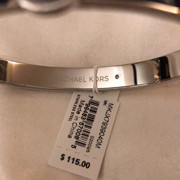 Michael Kors Silver Tone Stainless Steel Navy Blue Enamel Bangle MK Logo NWT Box - Picture 6 of 15